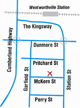 Street map: from Wentworthville Station, head south down Station St past The Kingsway, Dunmore St and Pritchard St; the church is marked on McKern St between Garfield St and Station St